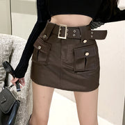 Metal buckle belt high waist pocket a-line leather skirt