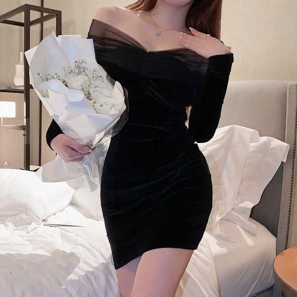 Black Velvet V-Neck Off-The-Shoulder Short Dress – DRESSVY