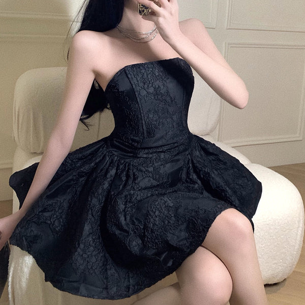 Jacquard Bandeau Sleeveless Black Puff Dress