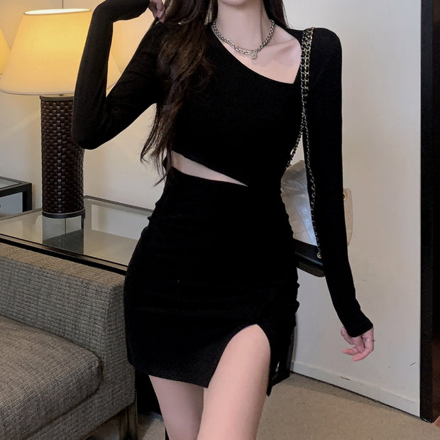 Long sleeve slim temperament black short dress