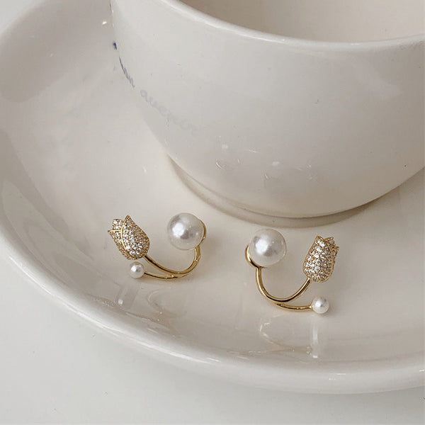 Rhinestone Tulip Pearl Fashion Earrings