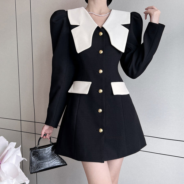 Color Block Long Sleeve Breasted Suit Dress