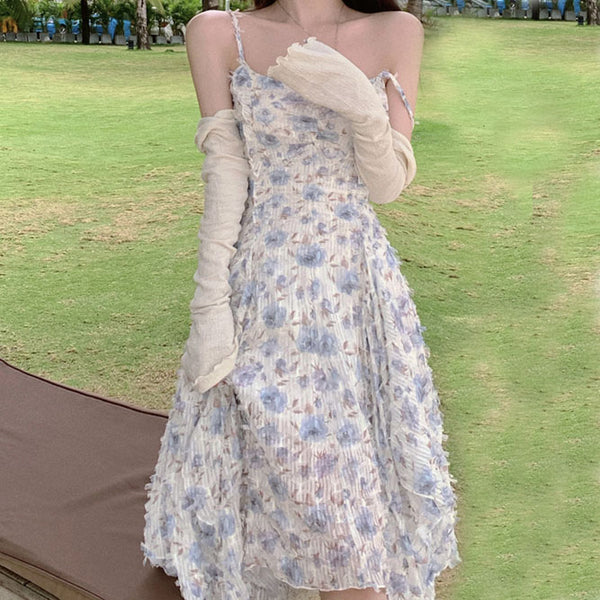 V-Neck Floral Cami Summer Dress Cardigan Shawl Set