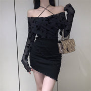 Two-piece black tulle suspender long sleeve dress