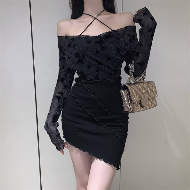 Two-piece black tulle suspender long sleeve dress
