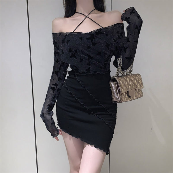 Two-Piece Black Tulle Suspender Long Sleeve Dress