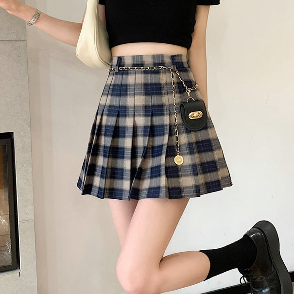Plaid high waist chain small bag pleated skirt