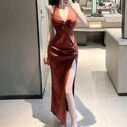 Low-cut v-neck lace-up open back slit dress