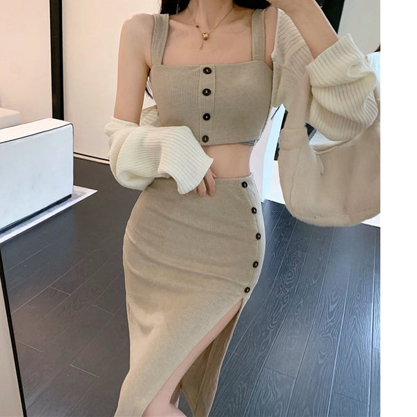 Buttoned Long Skirt Knitted Cardigan Suit
