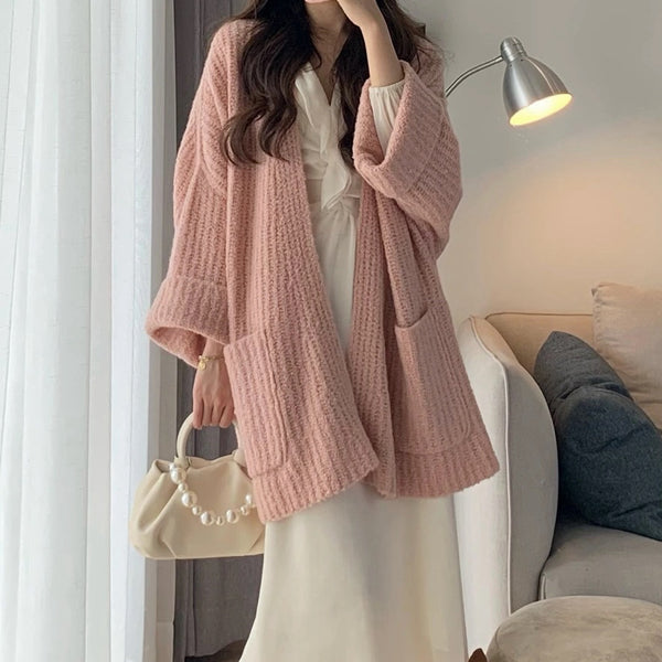 Belted Loose Long Sleeve Pink Knit Cardigan