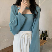 Two-piece solid color long-sleeved knitted bolero cardigan
