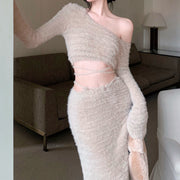 Furry short top high waist long skirt suit