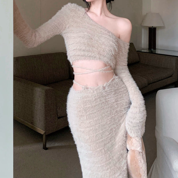 Furry short top high waist long skirt suit
