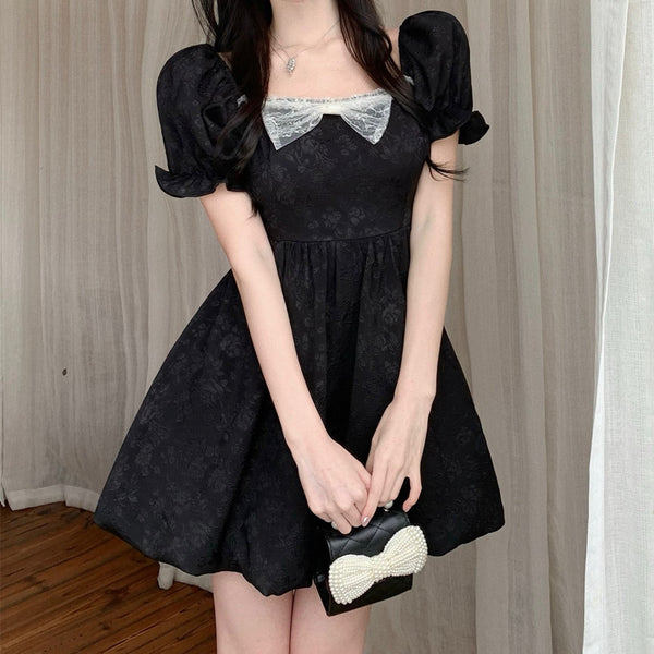 Backless Bowknot Lace-Up Puff Sleeve Black Dress