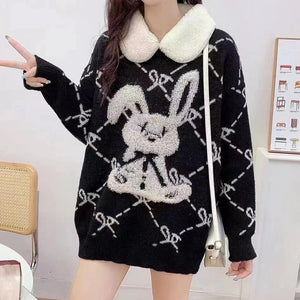 Rabbit Fur Collar Long Sleeve Knit Loose Sweater