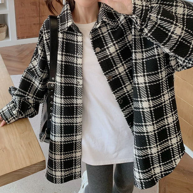 Plaid loose long sleeve polo collar shirt top