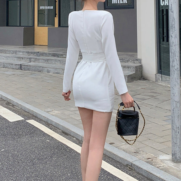 Square Neck Belt Long Sleeve Slim White Dress
