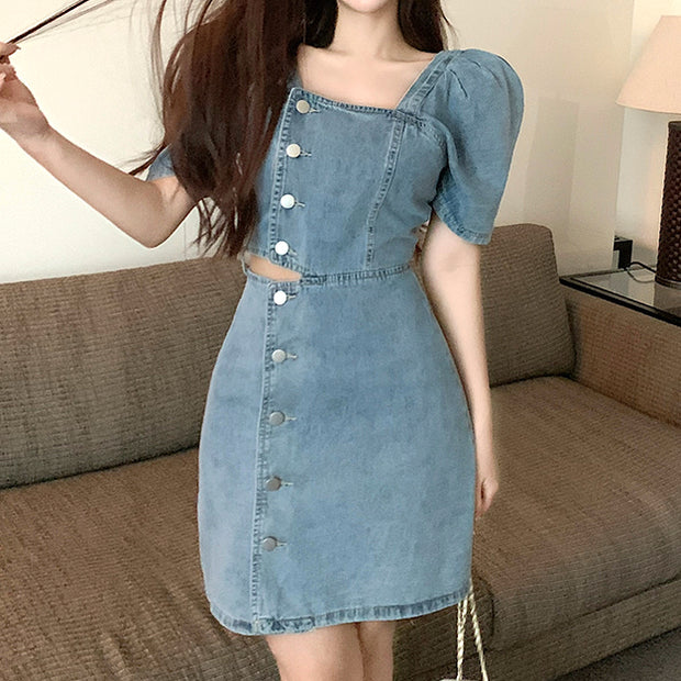 Off-waist square neck button puff sleeve denim dress