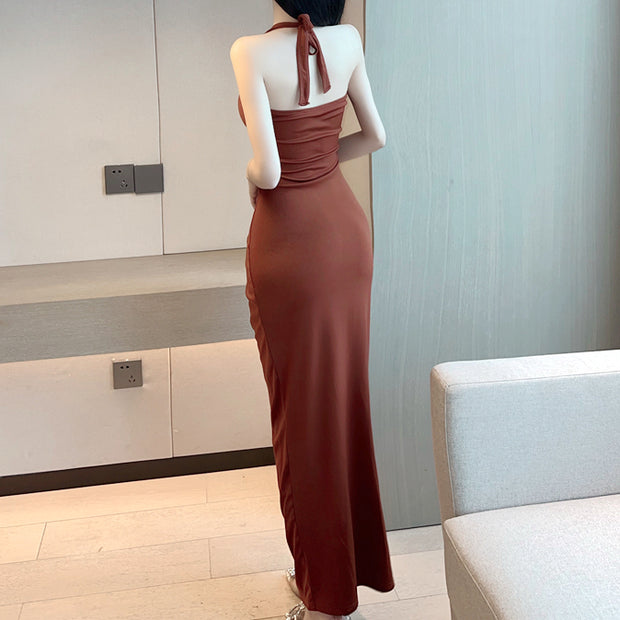 Low-cut v-neck lace-up open back slit dress