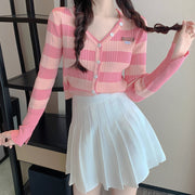 V-neck striped knitted cardigan pleated skirt suit