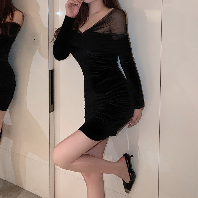 Black Velvet V-Neck Off-The-Shoulder Short Dress – DRESSVY