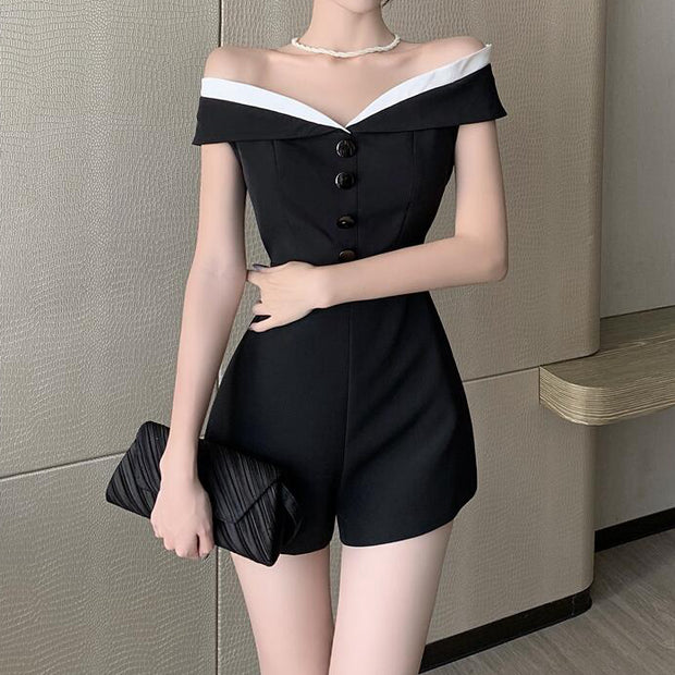 Black Casual Off Shoulder Jumpsuit Shorts Romper