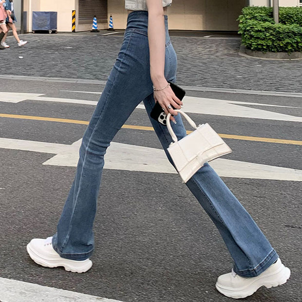High Waist Jeans Straight Fit Micro Flare Long Pants