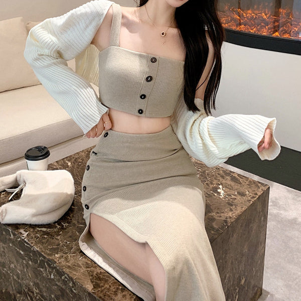 Buttoned Long Skirt Knitted Cardigan Suit