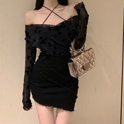 Two-piece black tulle suspender long sleeve dress