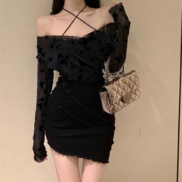Two-piece black tulle suspender long sleeve dress