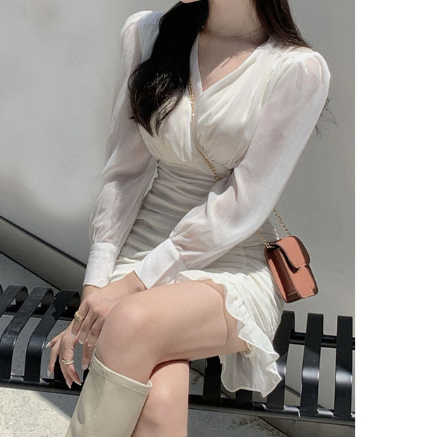 V-neck chiffon puff sleeve long sleeve dress