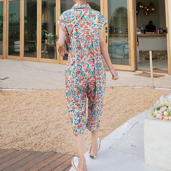 Loose Wide-Leg Polo Collar Button-Up Floral Jumpsuit