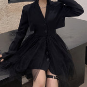 Black suit collar long sleeve stitching mesh cocktail dress