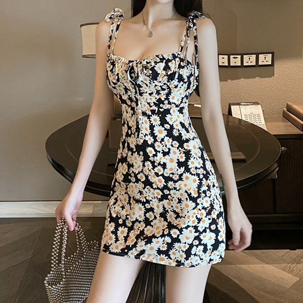 Daisy-Print Off-The-Shoulder Lace-Up Floral Cami Dress