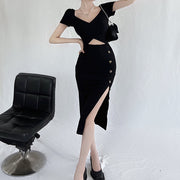 Black hollow v-neck short sleeve slit long dress