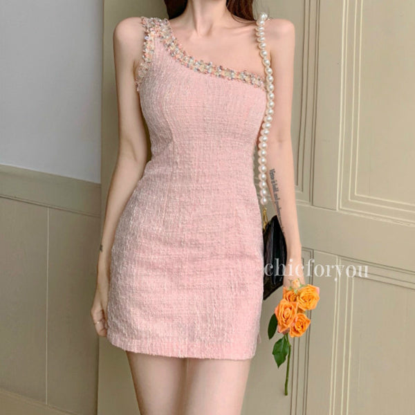 Vintage pink one-shoulder tweed dress