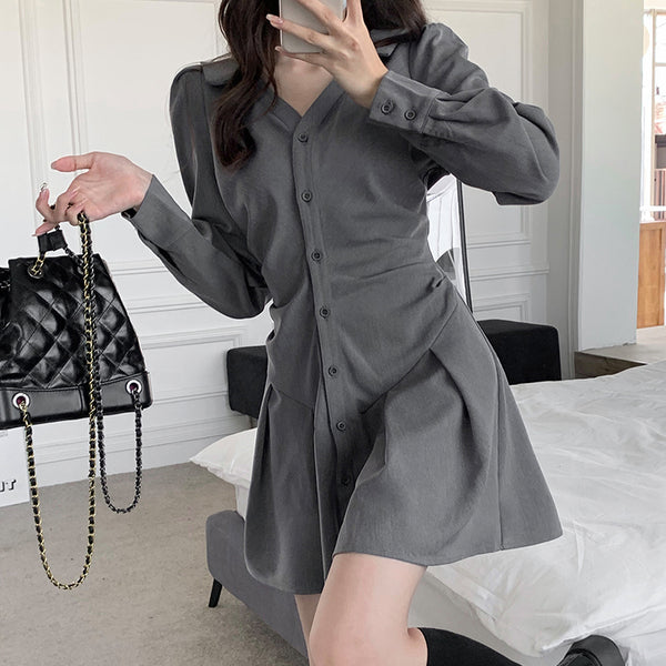 Single-Breasted Pleated V-Neck Fitted Shirt Dress
