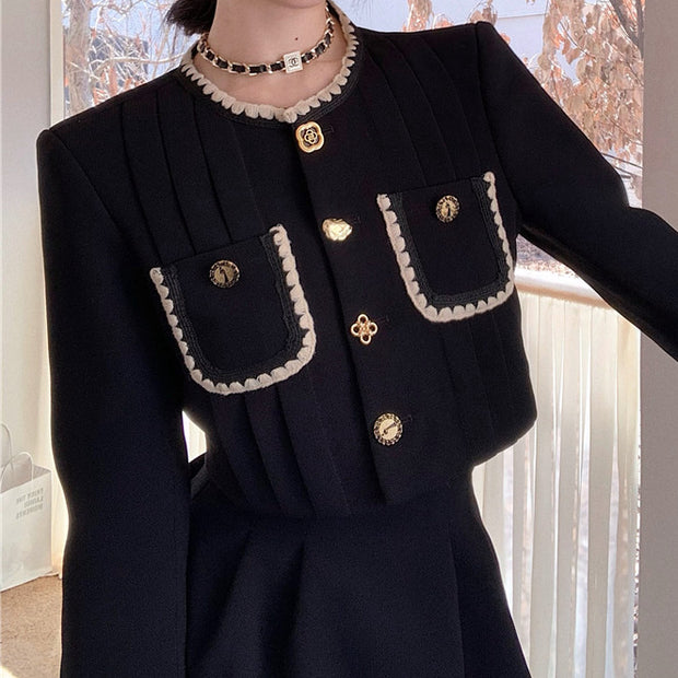 Short black coat top high waist pleated skirt set
