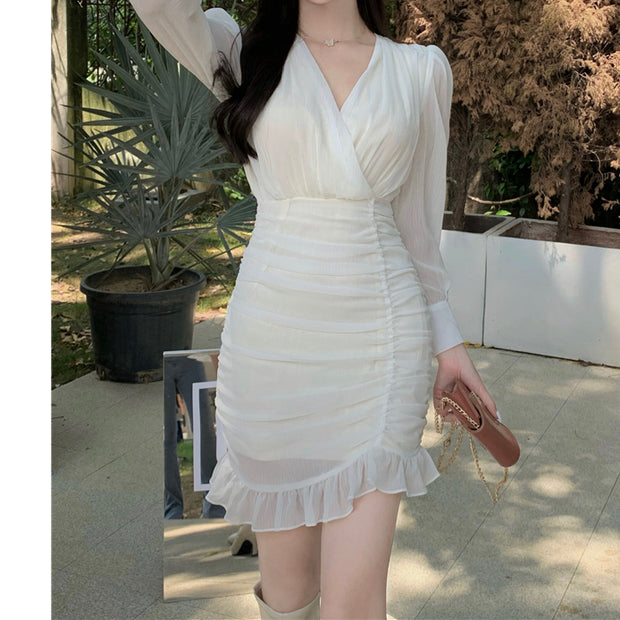 V-neck chiffon puff sleeve long sleeve dress