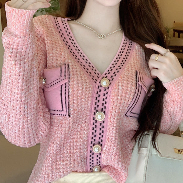 Single Breasted V-Neck Long Sleeve Knit Cardigan Top