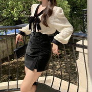 Bow lace shirt high waist leather skirt