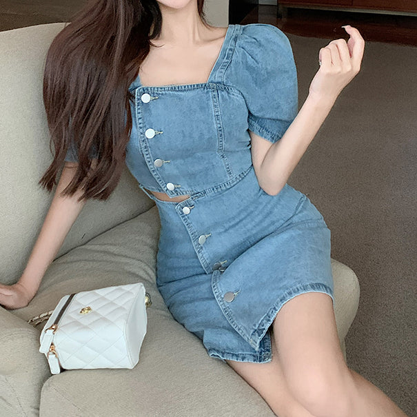 Off-waist square neck button puff sleeve denim dress