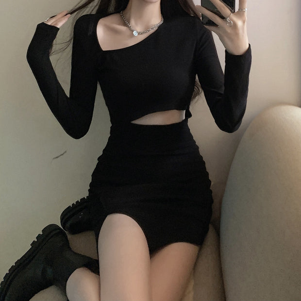 Long sleeve slim temperament black short dress