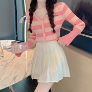V-neck striped knitted cardigan pleated skirt suit