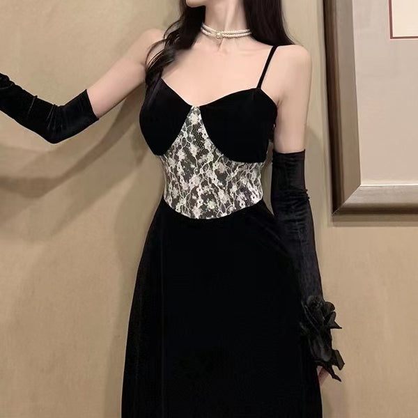 Lace Velvet Sleeves Prom Black Homecoming Slip Dress