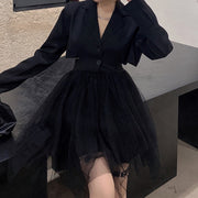 Black suit collar long sleeve stitching mesh cocktail dress