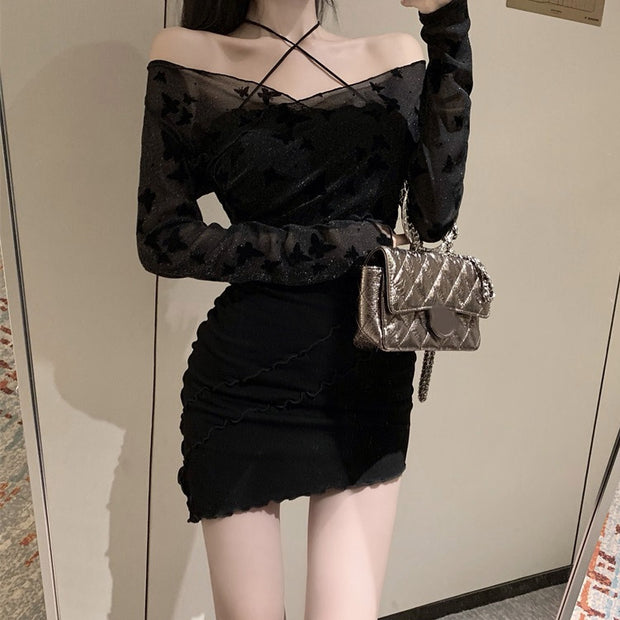 Two-piece black tulle suspender long sleeve dress