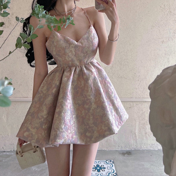 Pink Oil Painting Floral V-Neck Puffy Cami Dress