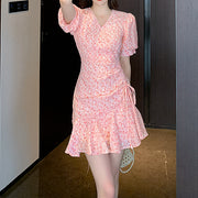 V-neck drawstring short-sleeved pink floral dress