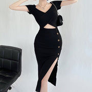Black hollow v-neck short sleeve slit long dress